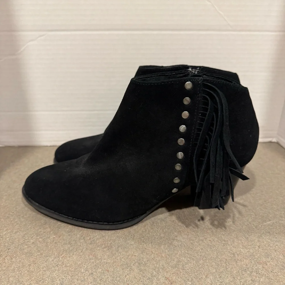 Vionic Faros Black Suede Fringe Western Studded Tassel Ankle Booties